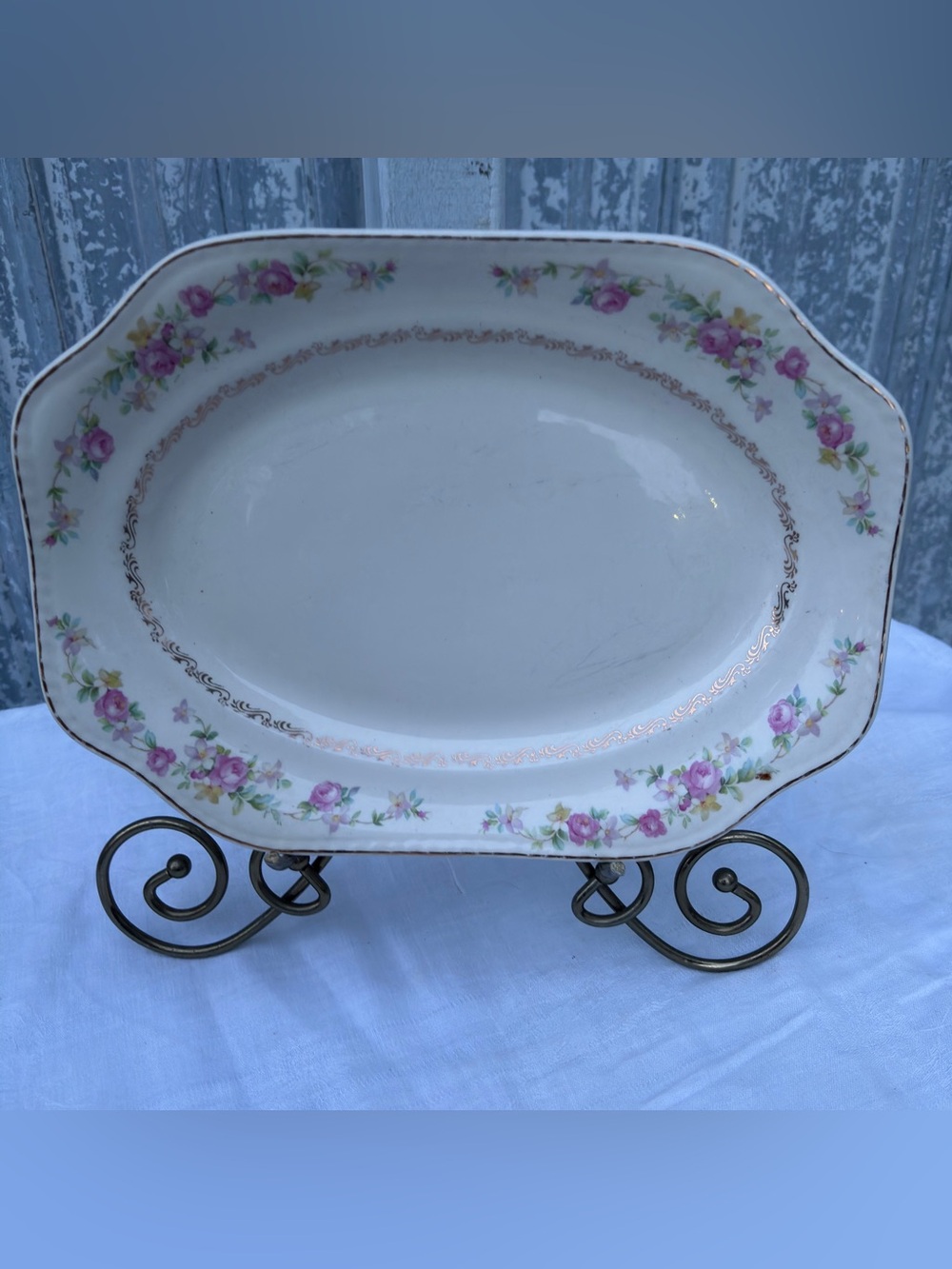 Vintage Edwin Knowles 11" Oval Platter - Pink Floral & Gold Filigree - 1940s
